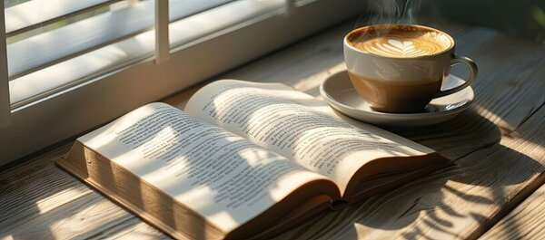 Libros abiertos y una bebida caliente sobre una mesa en un ambiente tranquilo y luminoso